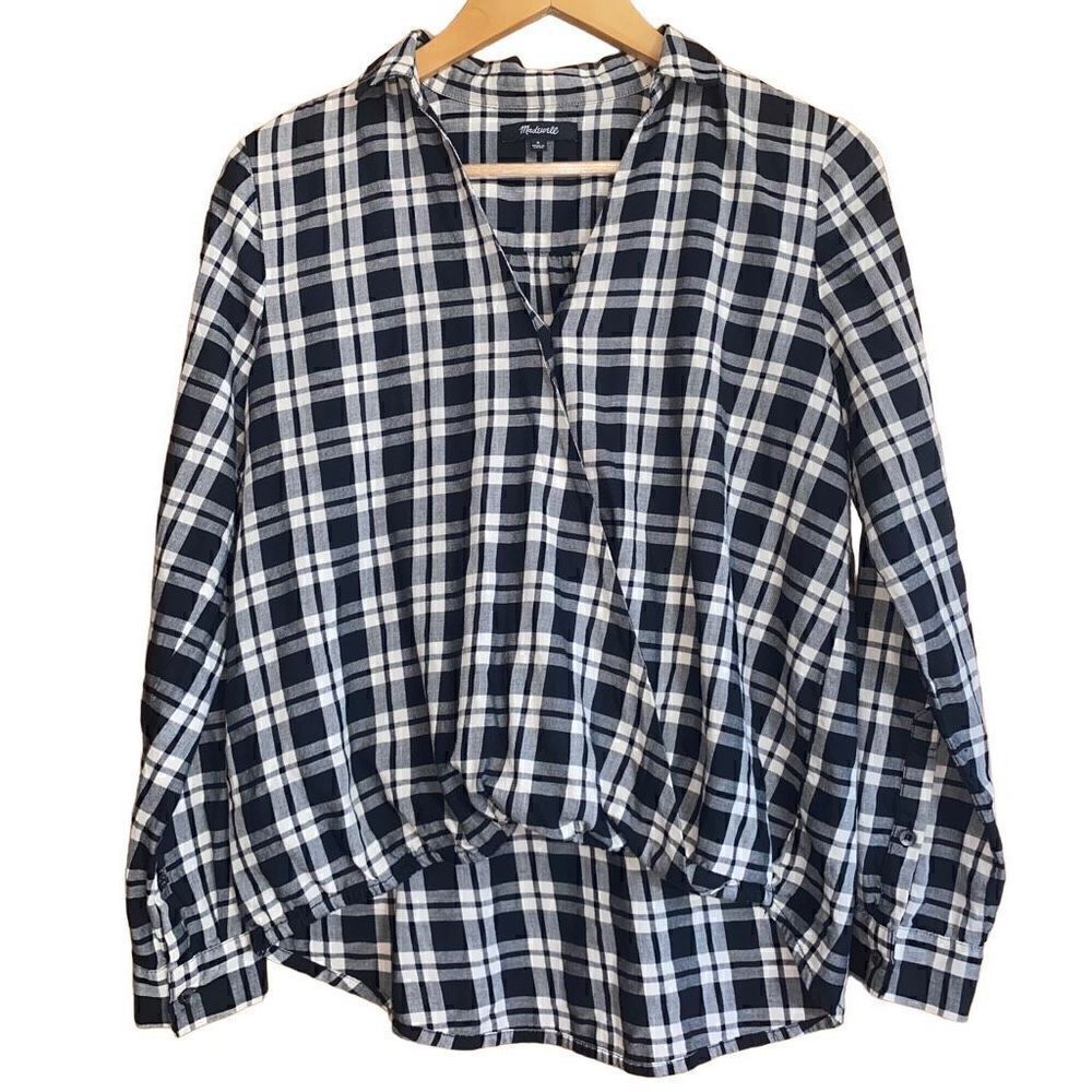 Madewell Arion Plaid Wrap Front Shirt Blouse black white